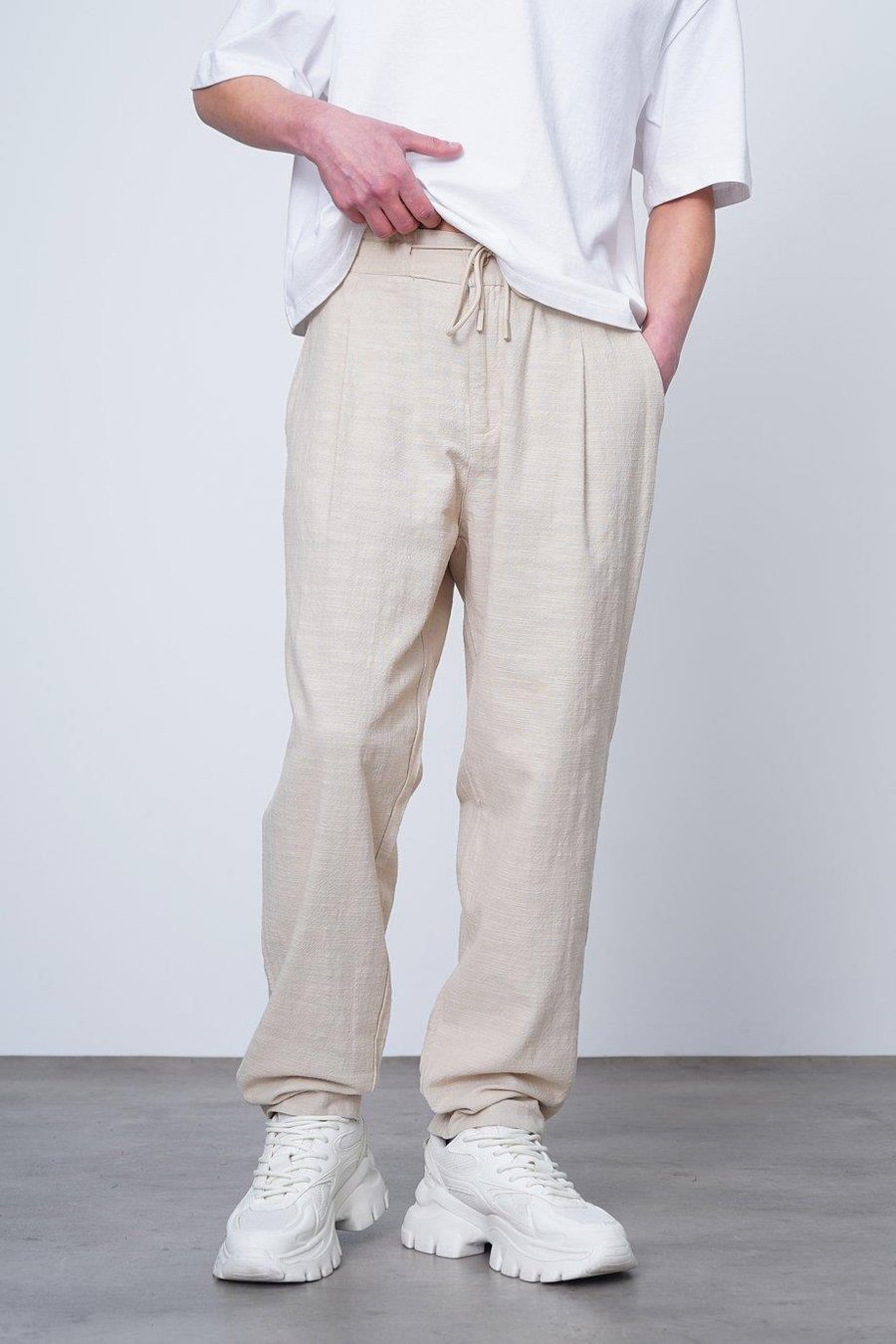 Krem Krem Basic Beli Lastikli E1 Keten CH Baggy Pantolon
