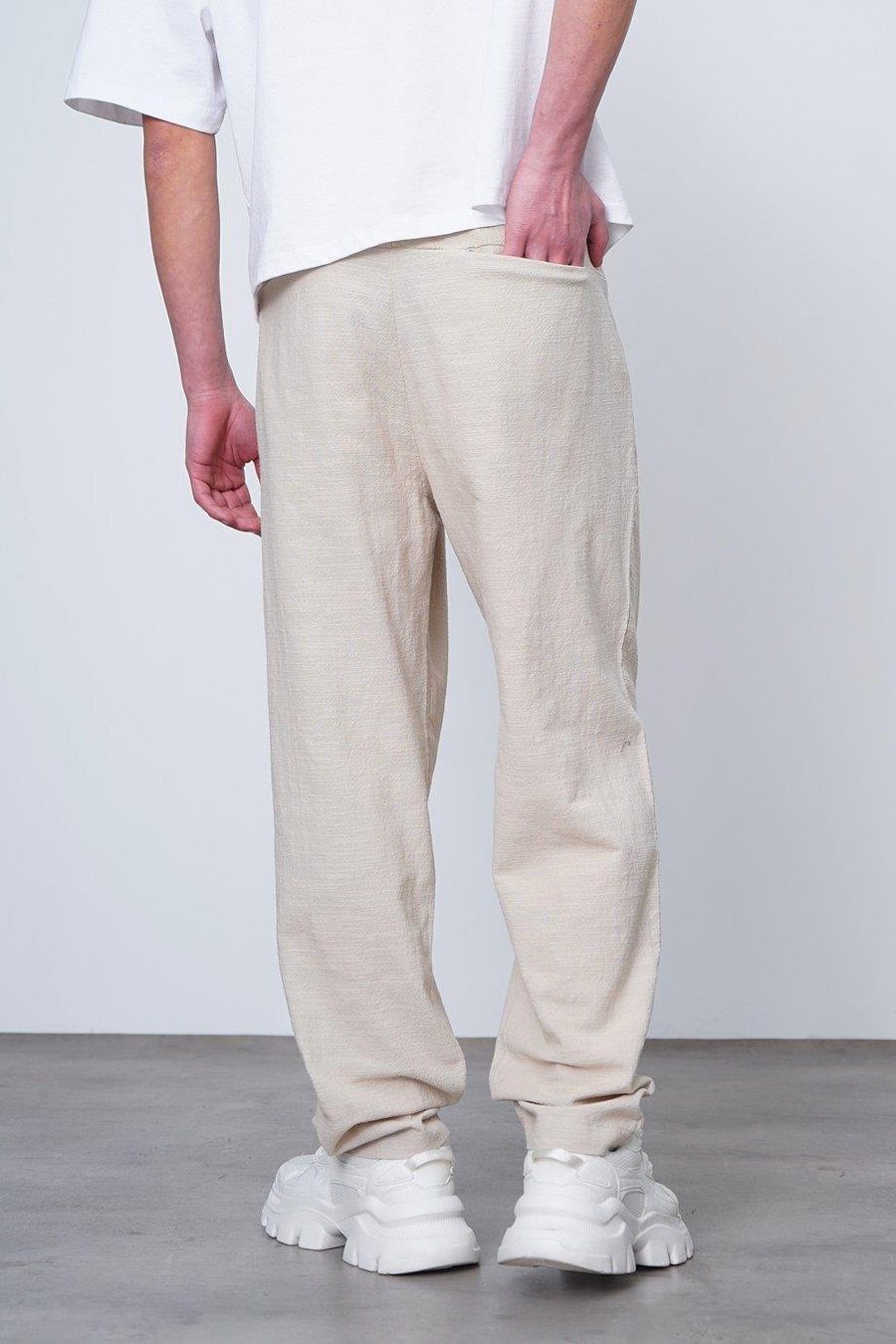 Krem Krem Basic Beli Lastikli E1 Keten CH Baggy Pantolon