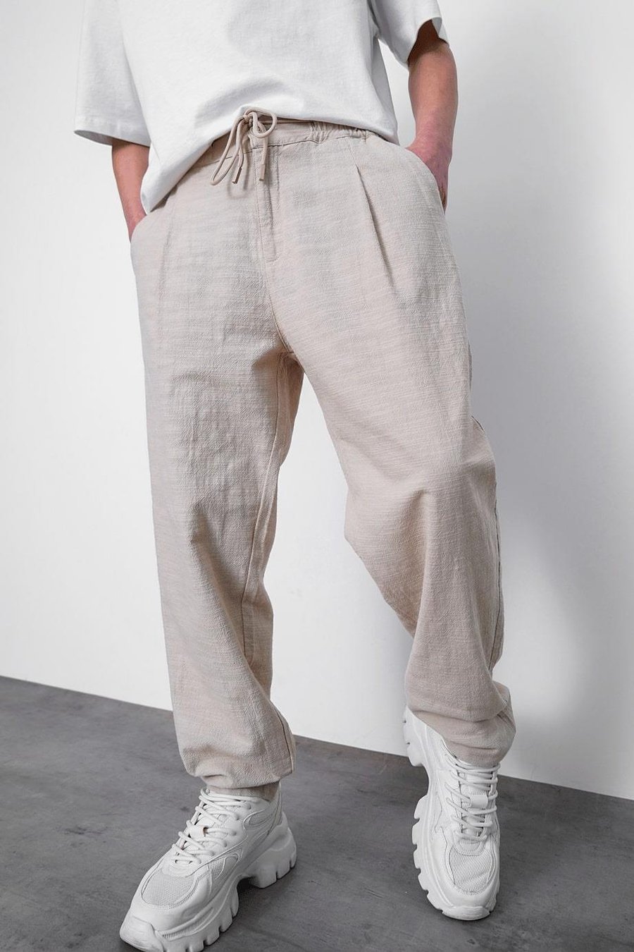 Krem Krem Basic Beli Lastikli E1 Keten CH Baggy Pantolon