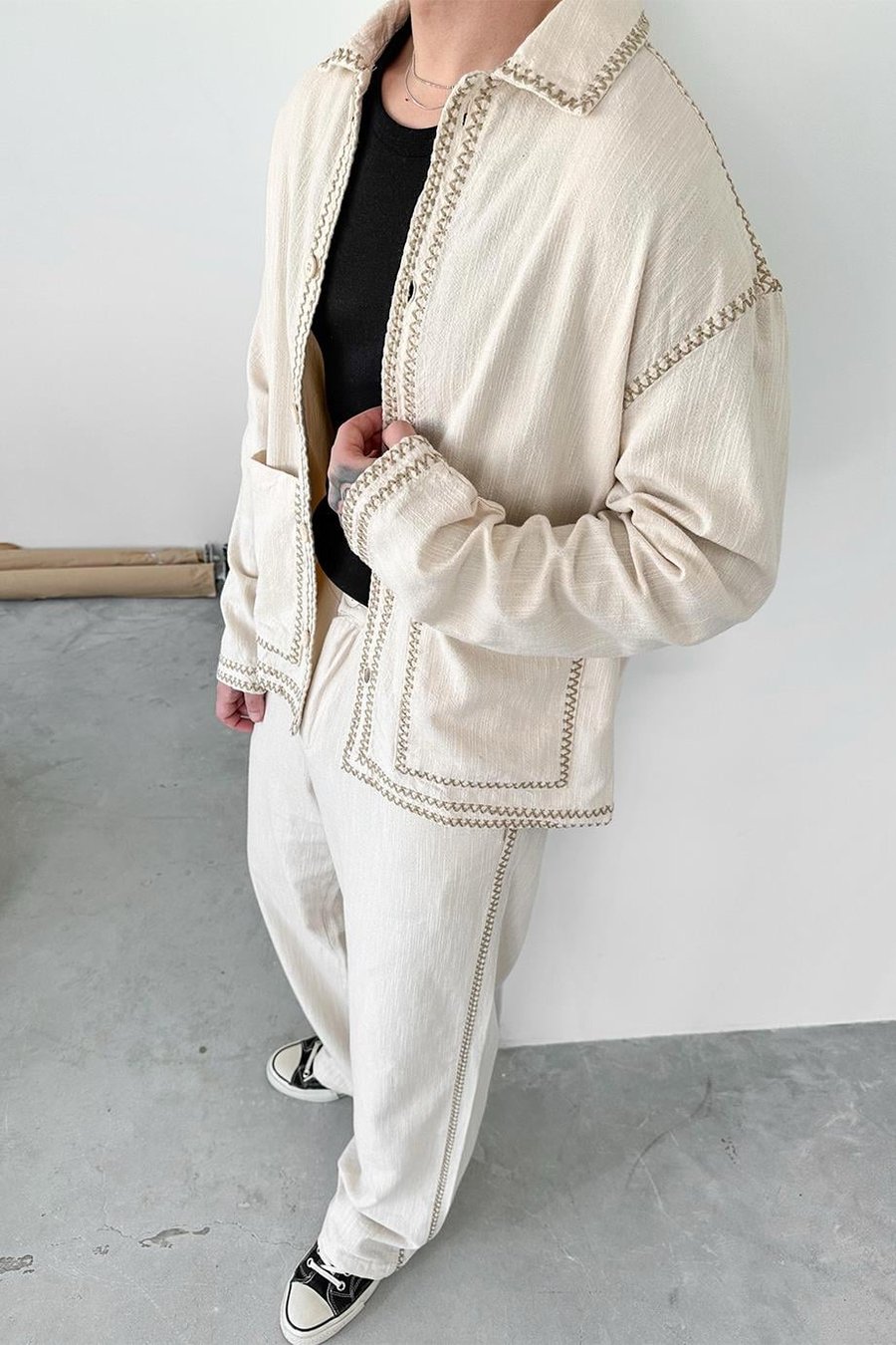 Krem Nakışlı Premium Keten Oversize Ceket