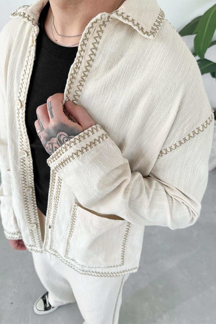 Krem Nakışlı Premium Keten Oversize Ceket