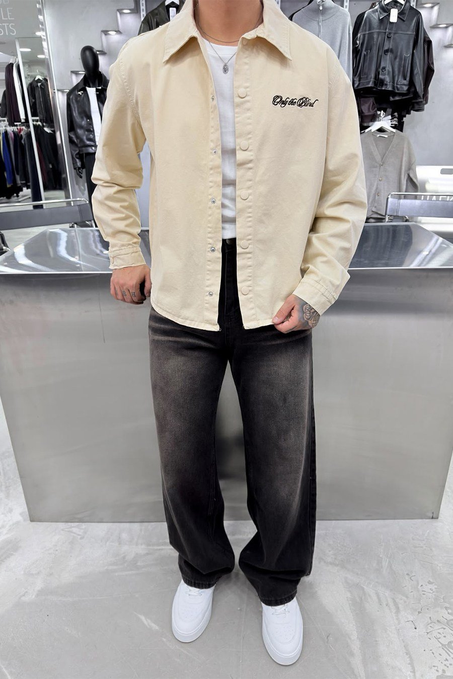 Krem Only Nakışlı Gabardin Oversize Ceket