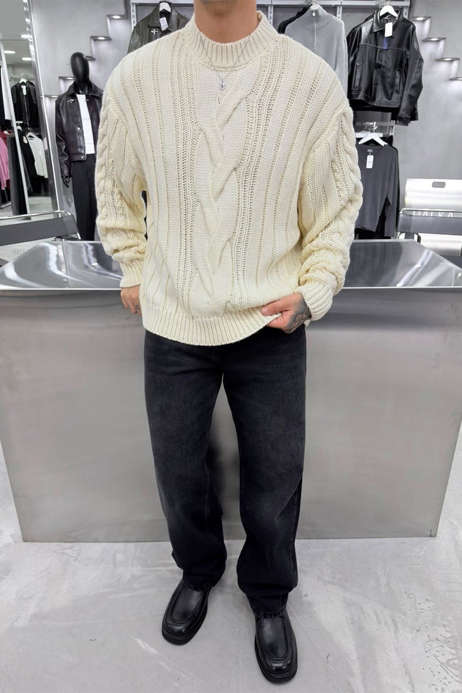 Krem Örgü Desen Oversize Triko Kazak