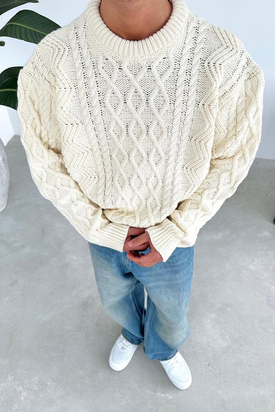 Krem Örgü Desen Oversize Triko Kazak