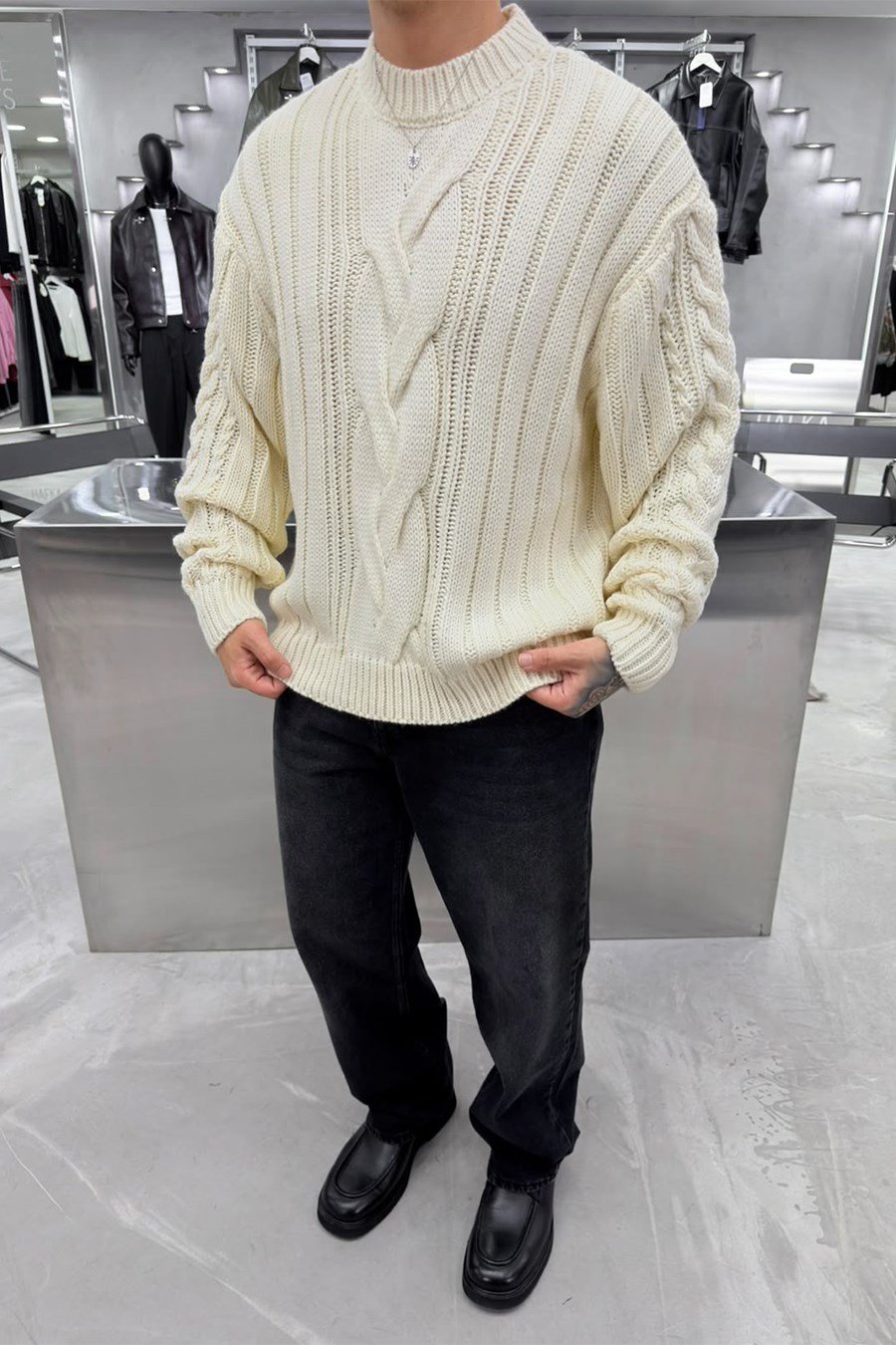 Krem Örgü Desen Oversize Triko Kazak