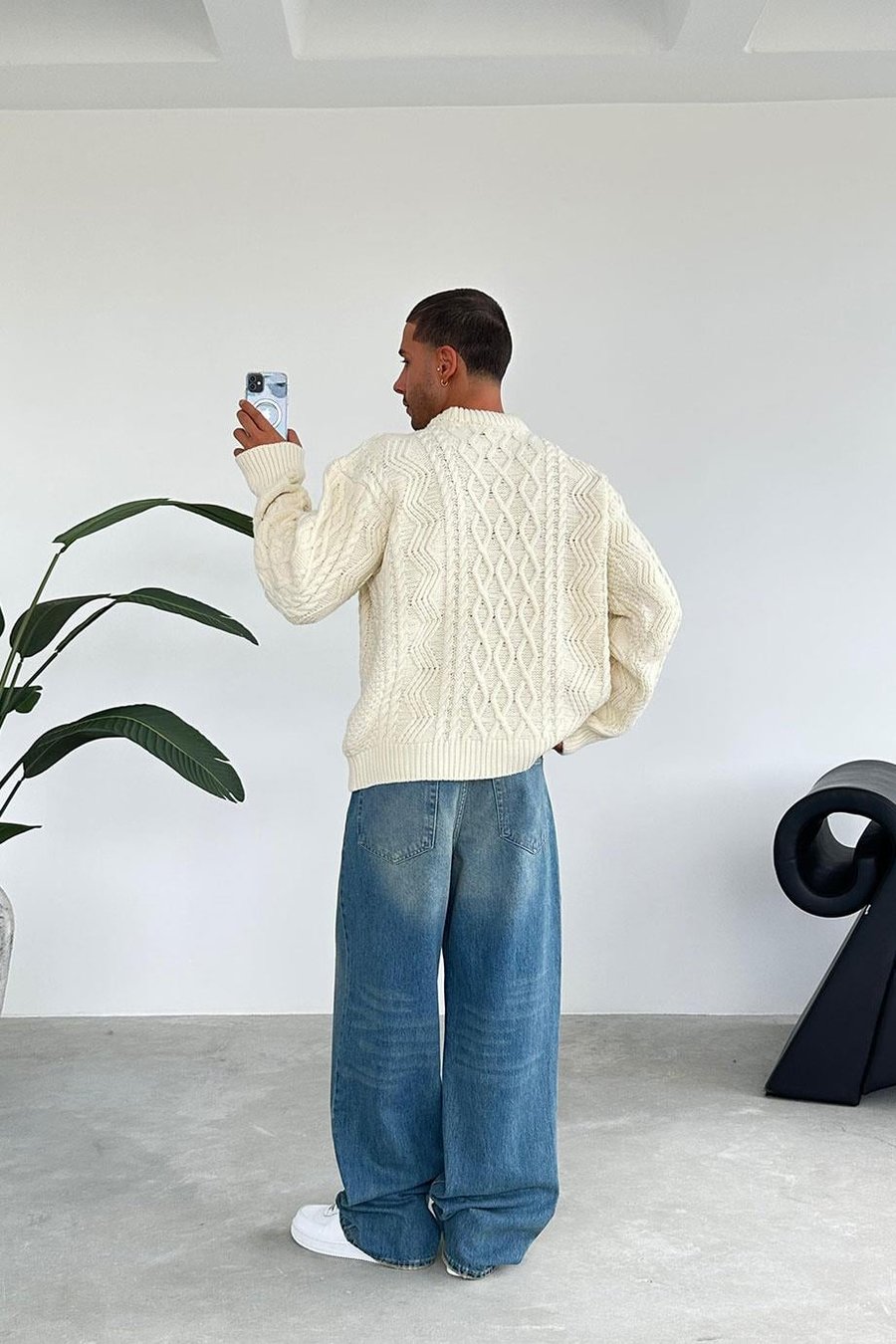 Krem Örgü Desen Oversize Triko Kazak