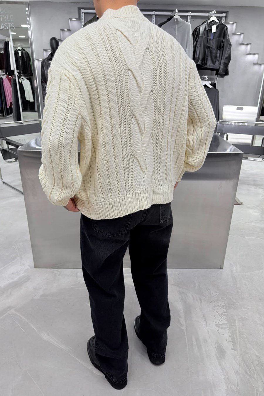 Krem Örgü Desen Oversize Triko Kazak