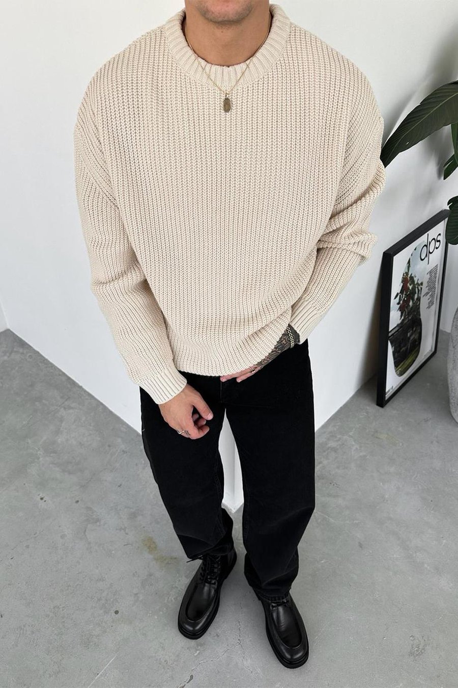 Krem Örme Desen Oversize Triko Kazak