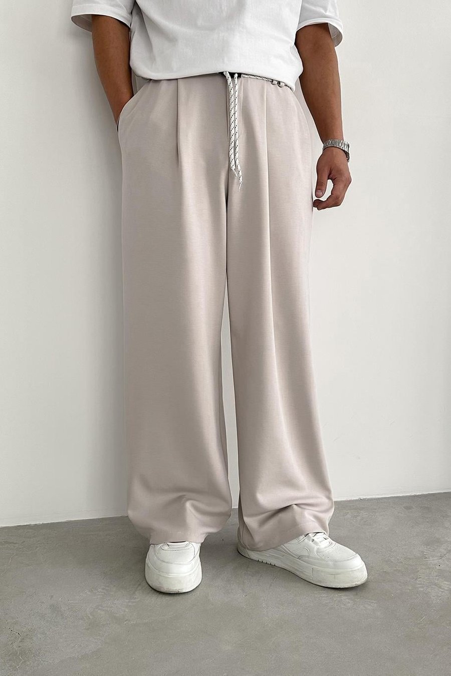 Krem Pile Detay Tensel Kumaş Baggy Pantolon