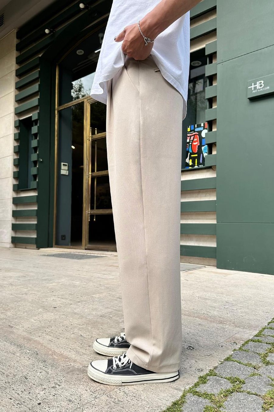 Krem Pileli Basic Kumaş DAD Baggy Pantolon