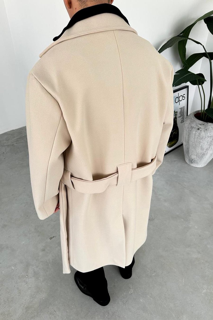 Krem Premium Basic Kemerli Kaşe Kaban