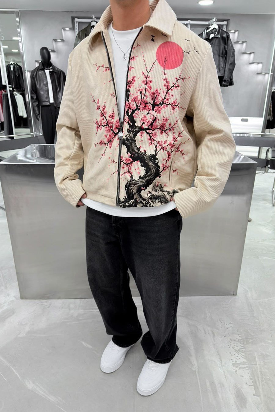 Krem Red Sun Blossom Premium Baskılı Tasarım Ceket