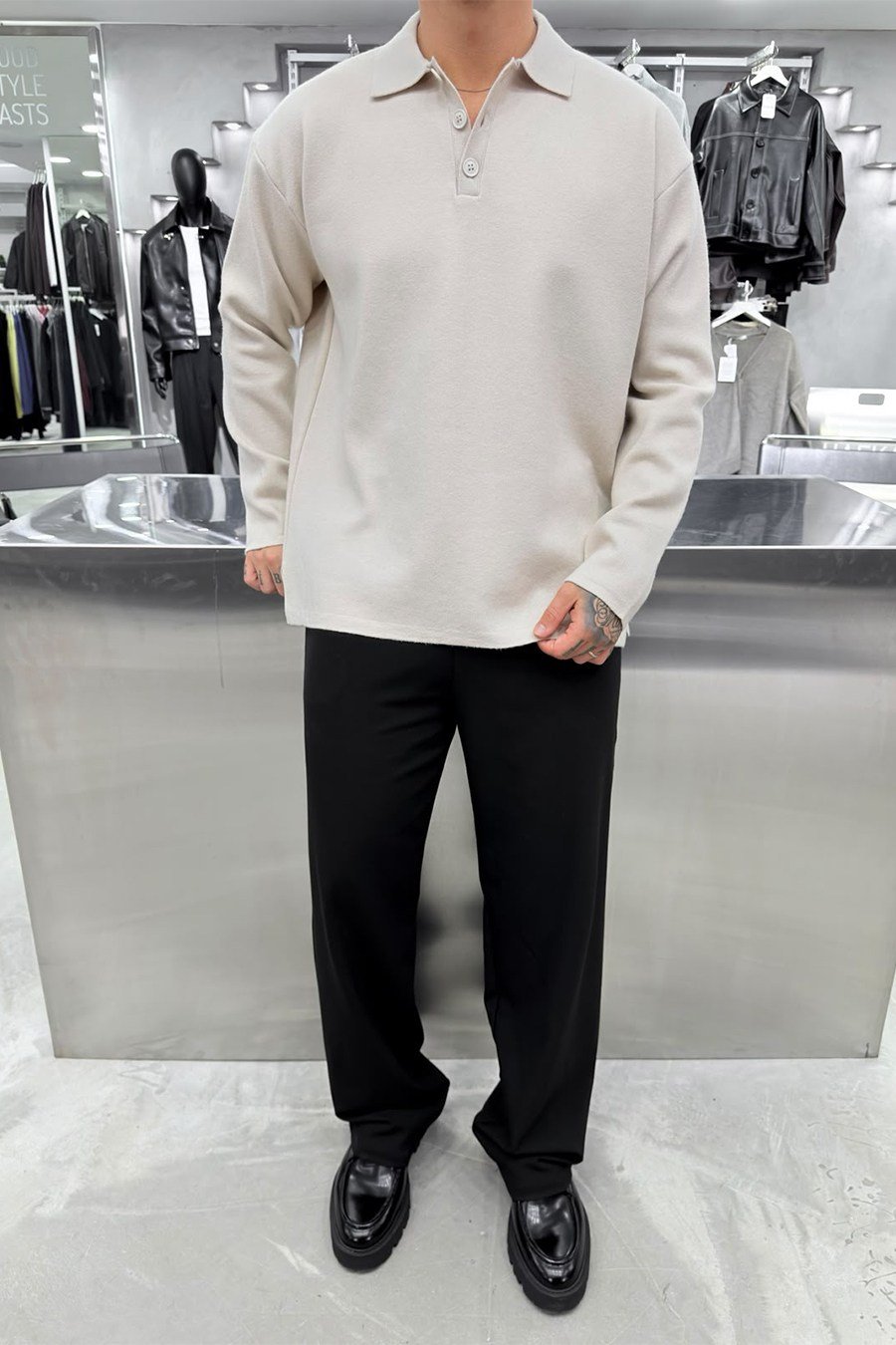 Krem Soft Premium Oversize Triko Polo Yaka Kazak