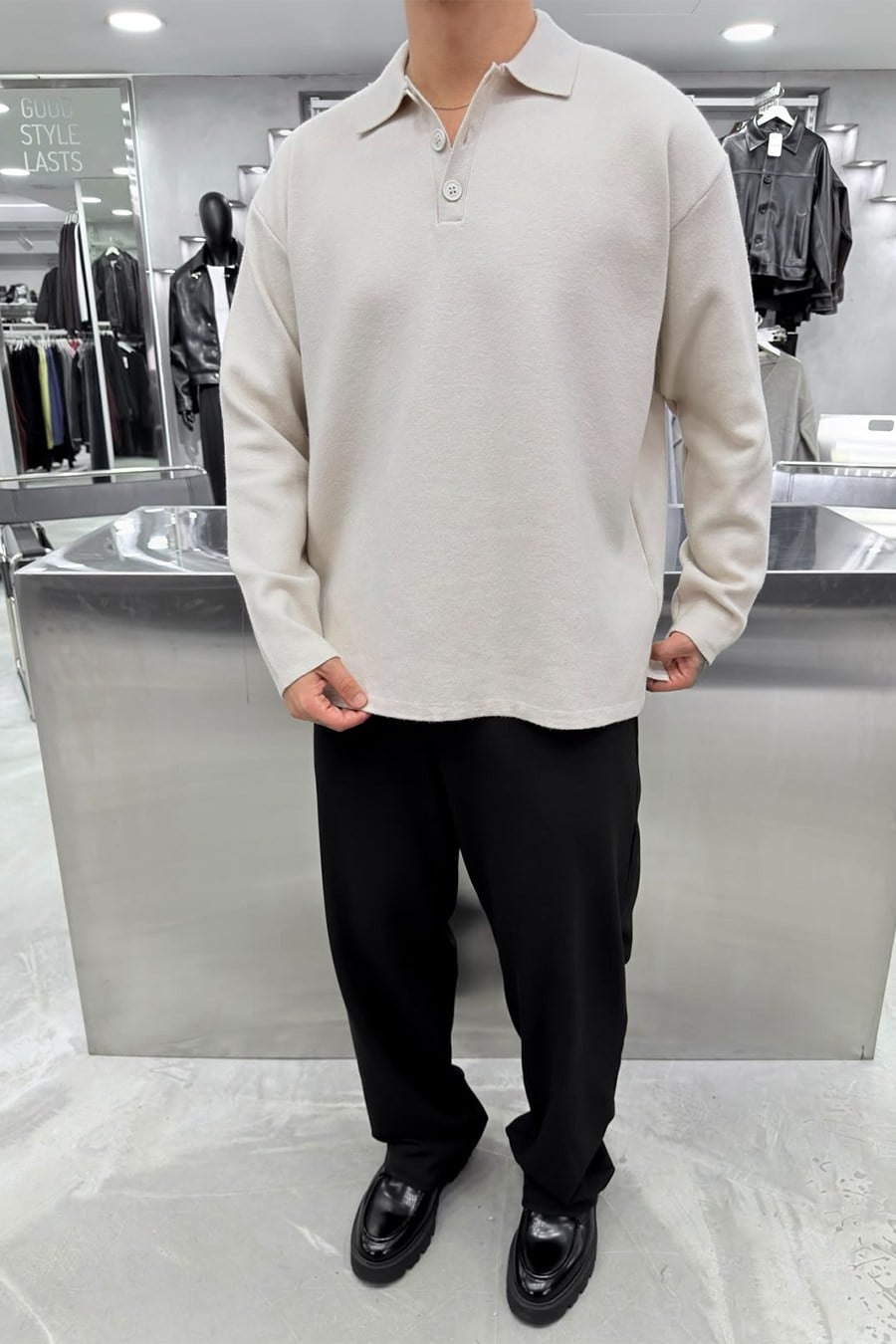 Krem Soft Premium Oversize Triko Polo Yaka Kazak