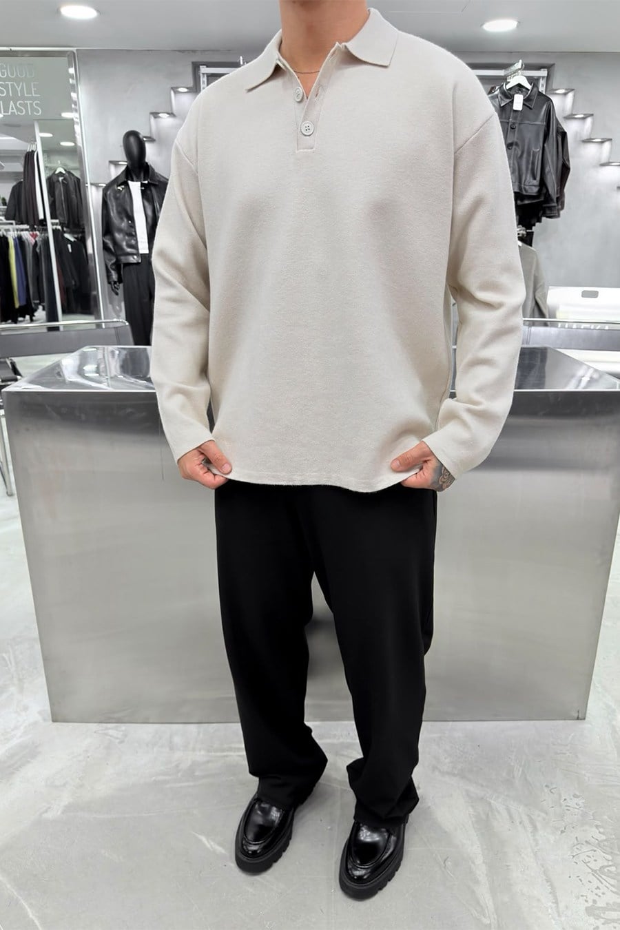 Krem Soft Premium Oversize Triko Polo Yaka Kazak
