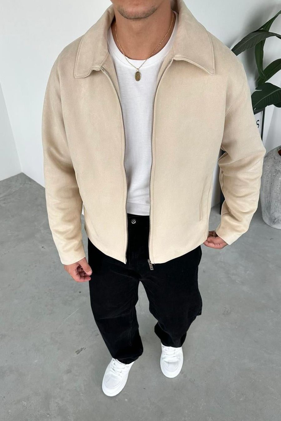 Krem Süet Kumaş Basic Relaxed Ceket