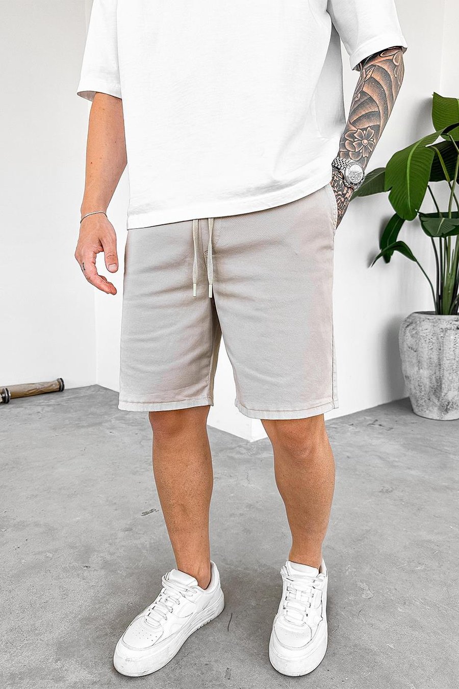 Krem Yan Cepli Basic Relaxed Şort