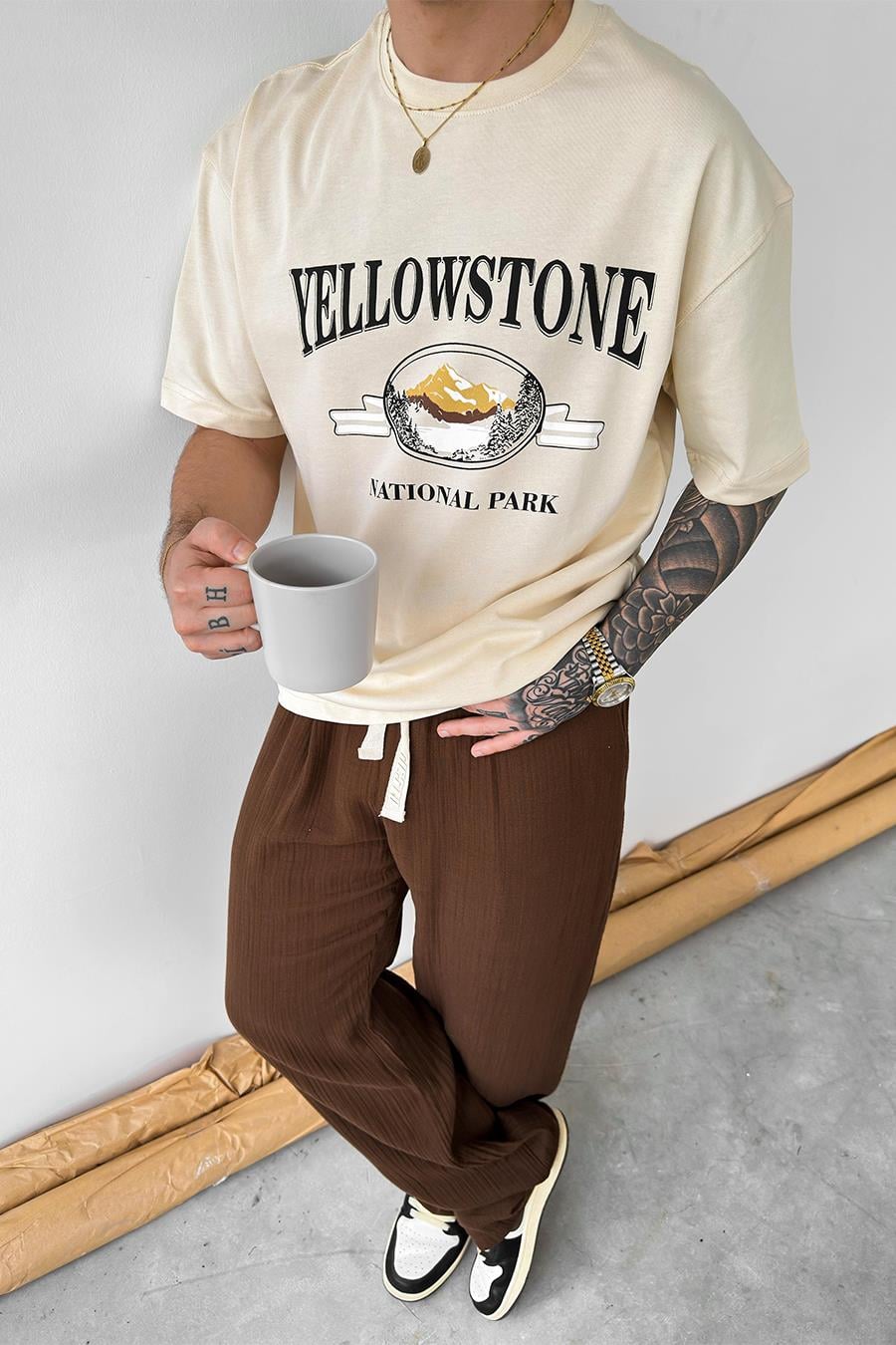 Krem Yellow Stone Baskılı Oversize Tişört
