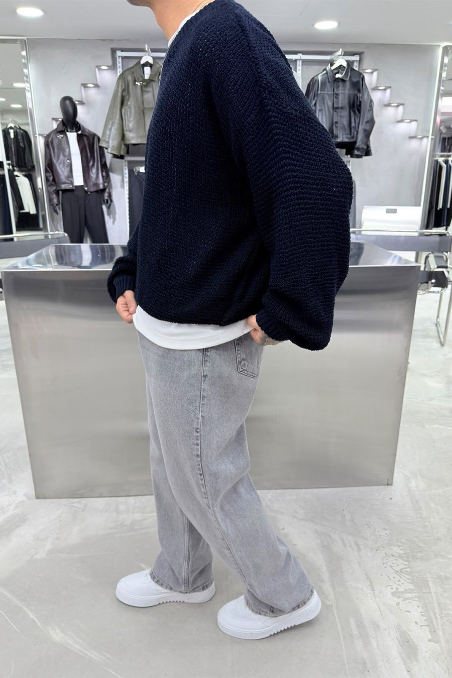 Lacivert Basic Örgülü Oversize Triko Kazak