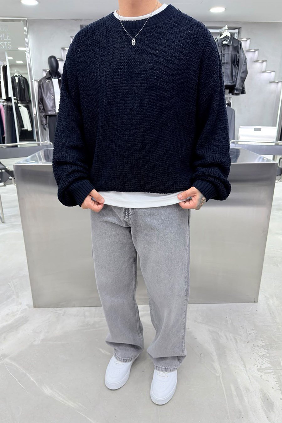 Lacivert Basic Örgülü Oversize Triko Kazak
