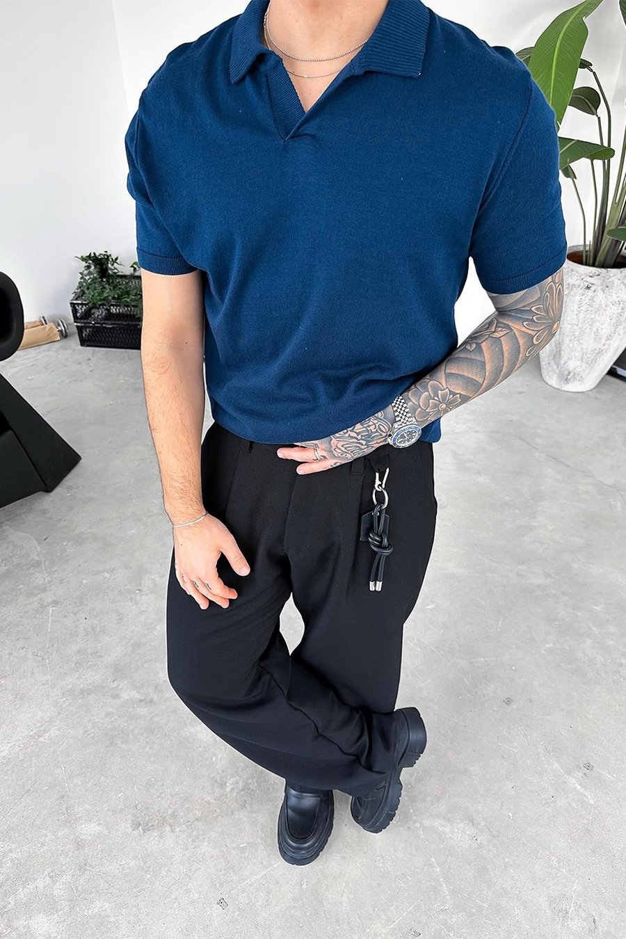Lacivert Basic Polo Yaka Triko Relaxed Tişört