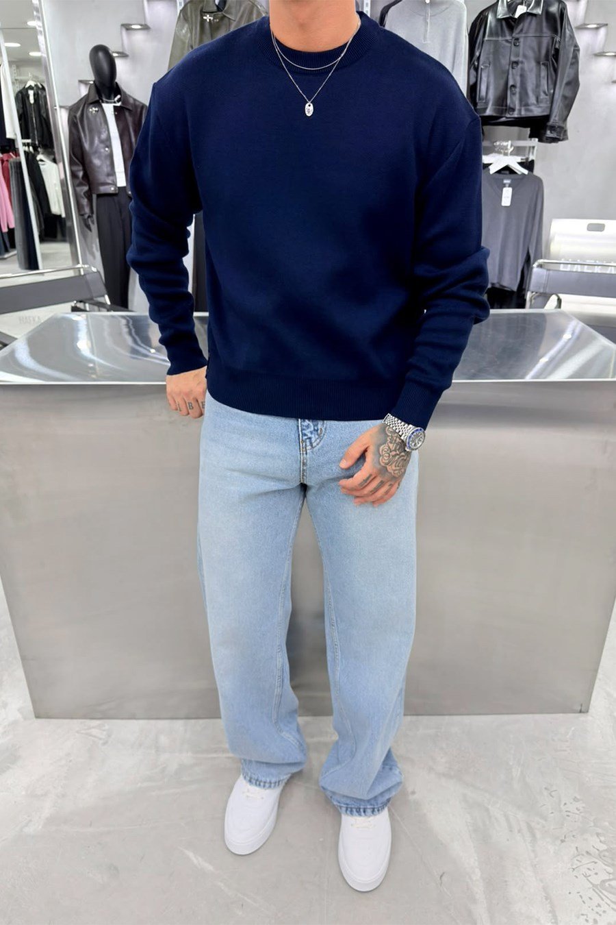 Lacivert Basic Premium Düğme Detaylı Boxy Fit Kazak