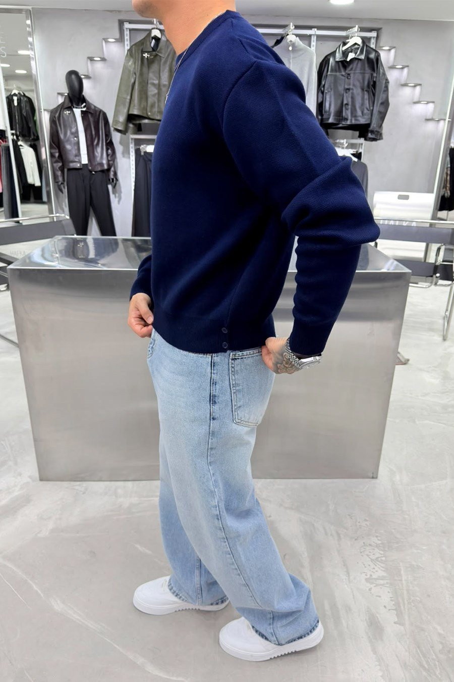 Lacivert Basic Premium Düğme Detaylı Boxy Fit Kazak