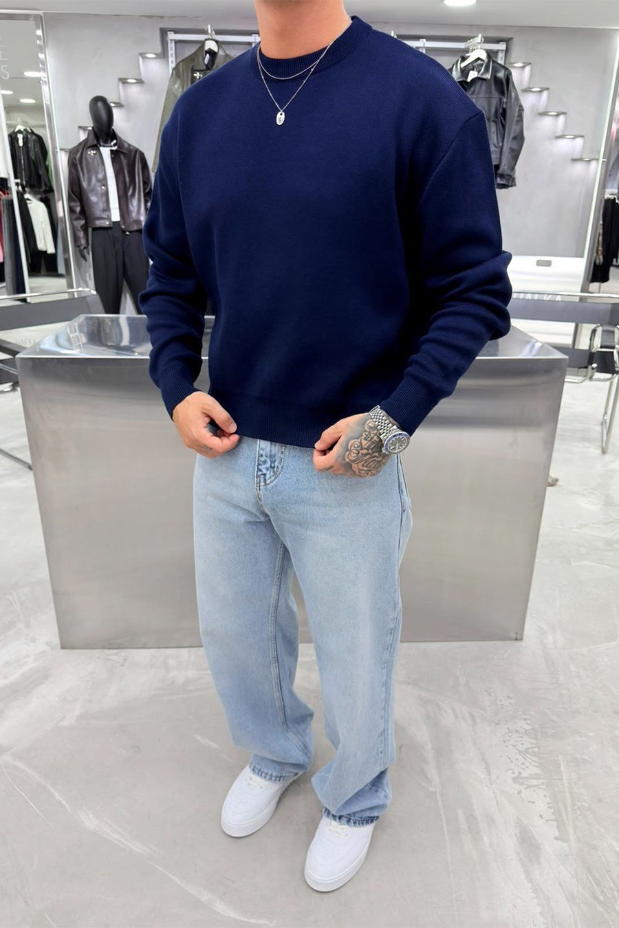 Lacivert Basic Premium Düğme Detaylı Boxy Fit Kazak