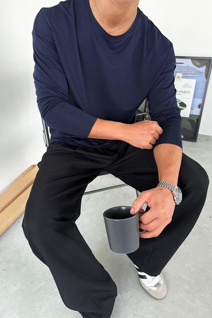 Lacivert Basic Soft Likralı Relax Fit Uzun Kollu Tişört