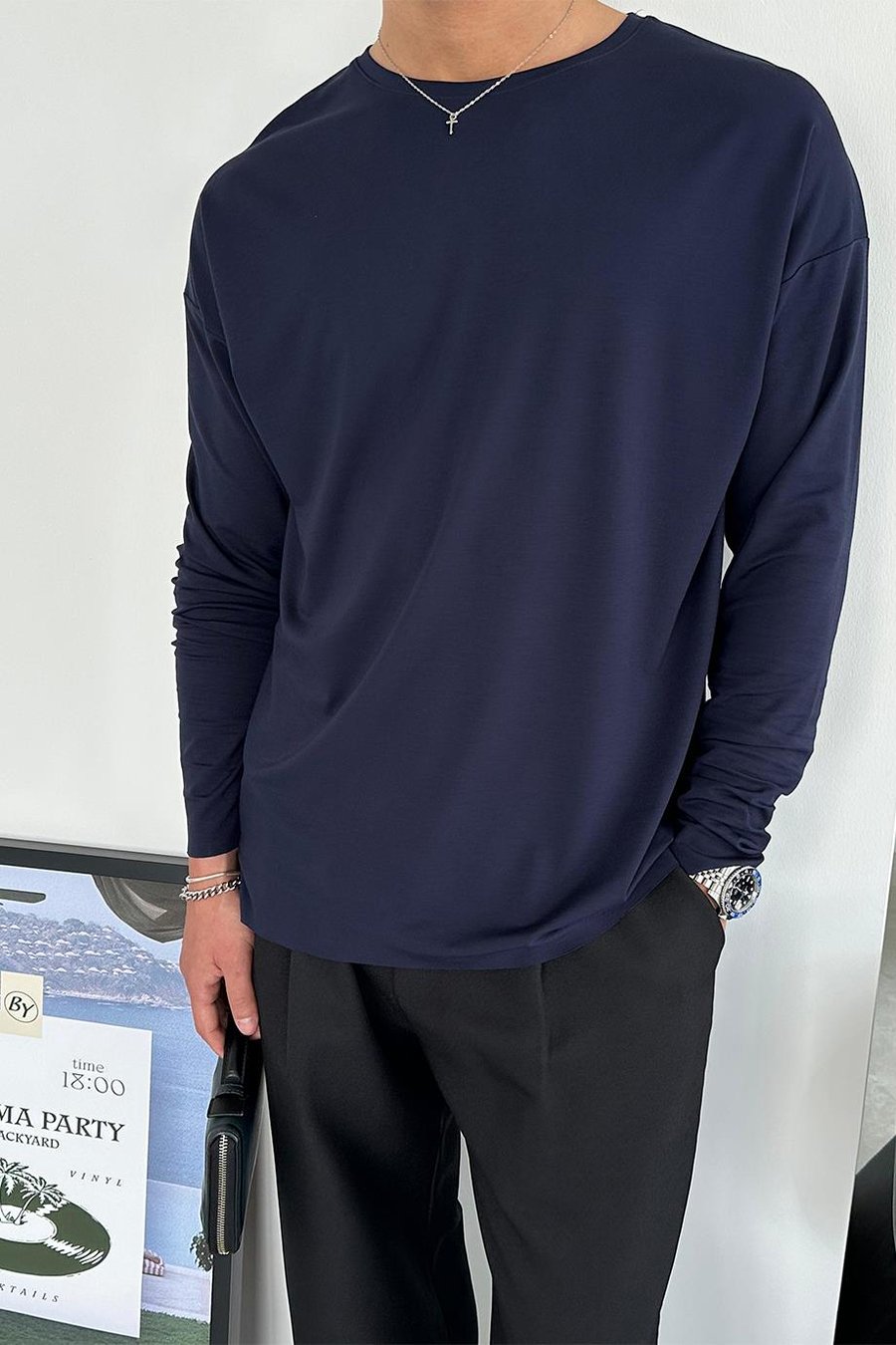 Lacivert Basic Soft Likralı Relax Fit Uzun Kollu Tişört