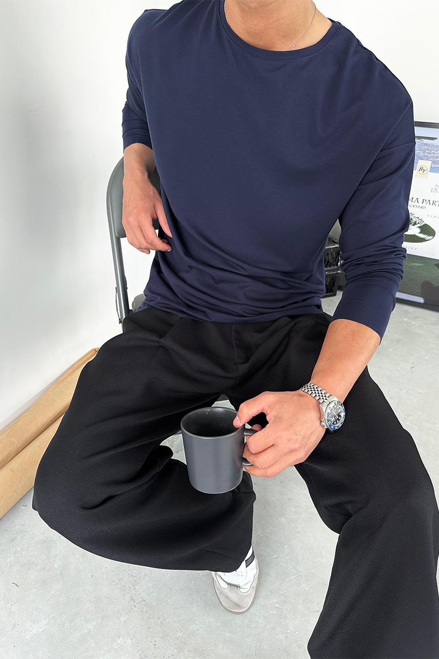 Lacivert Basic Soft Likralı Relax Fit Uzun Kollu Tişört