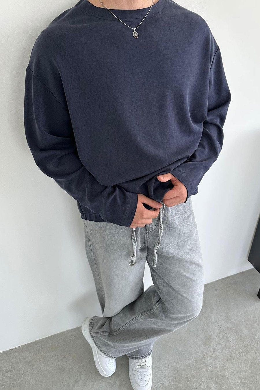 Lacivert Basic Uzun Kollu Oversize Tişört