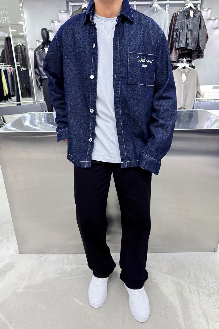 Lacivert Baskılı Oversize Kot Gömlek