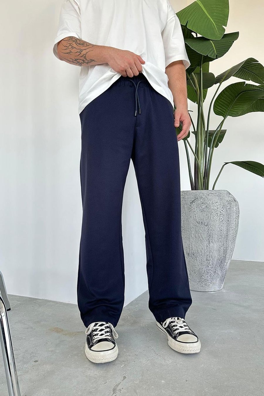 Lacivert Beli Lastik Detay Gabardin Baggy Pantolon