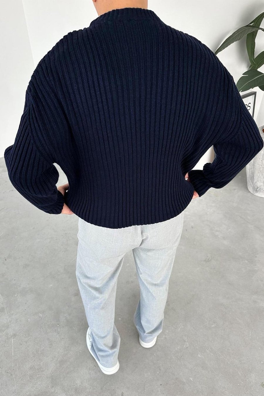 Lacivert Bisiklet Yaka Fitilli Oversize Triko Kazak