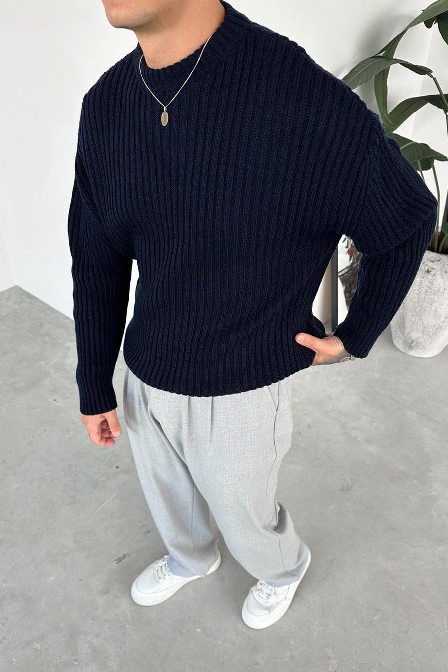 Lacivert Bisiklet Yaka Fitilli Oversize Triko Kazak