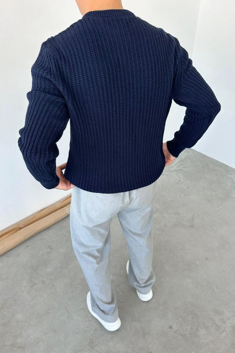 Lacivert Bisiklet Yaka Oversize Örgü Kazak