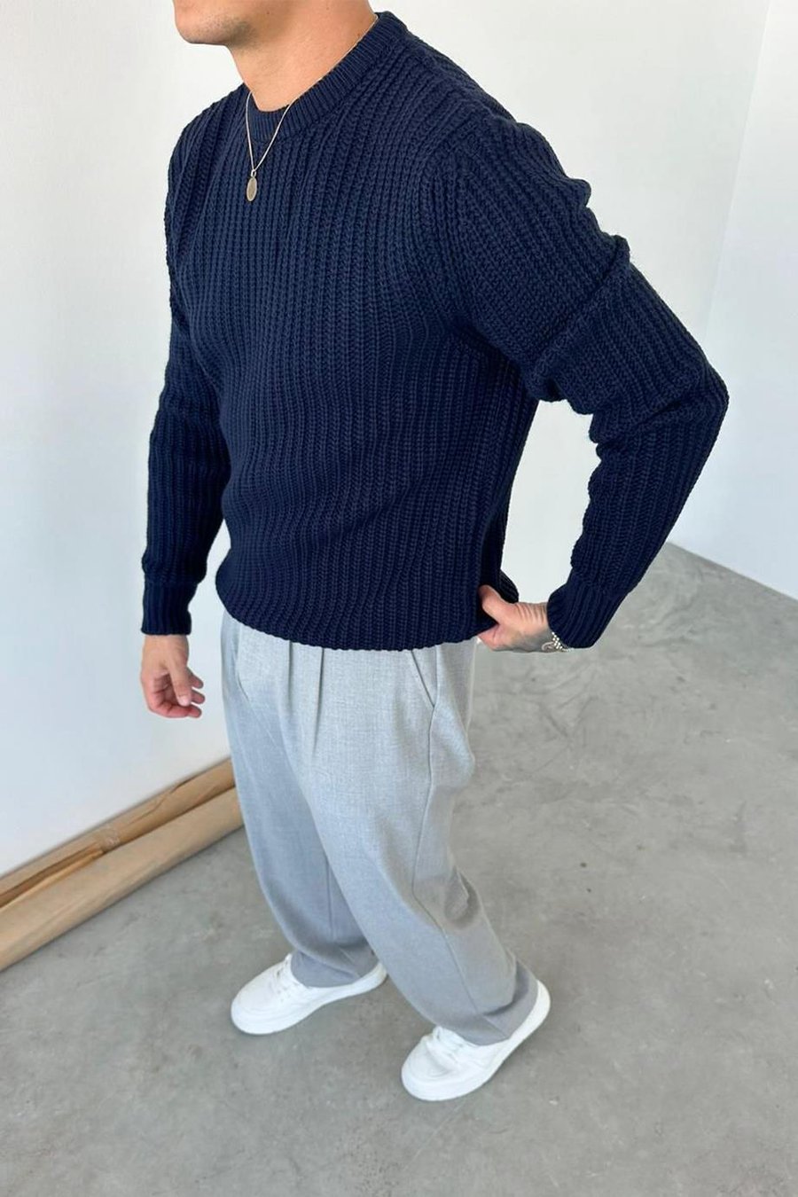 Lacivert Bisiklet Yaka Oversize Örgü Kazak