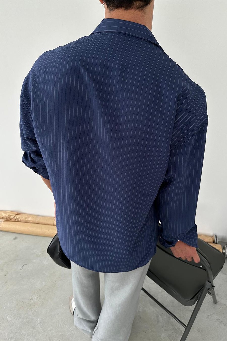 Lacivert Çizgili Basic Oversize Gömlek