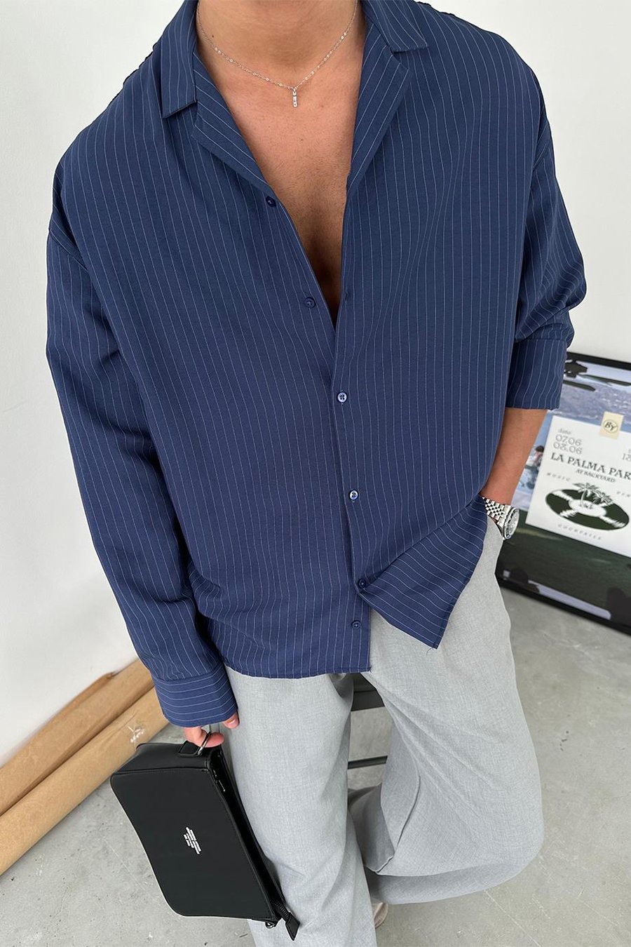 Lacivert Çizgili Basic Oversize Gömlek