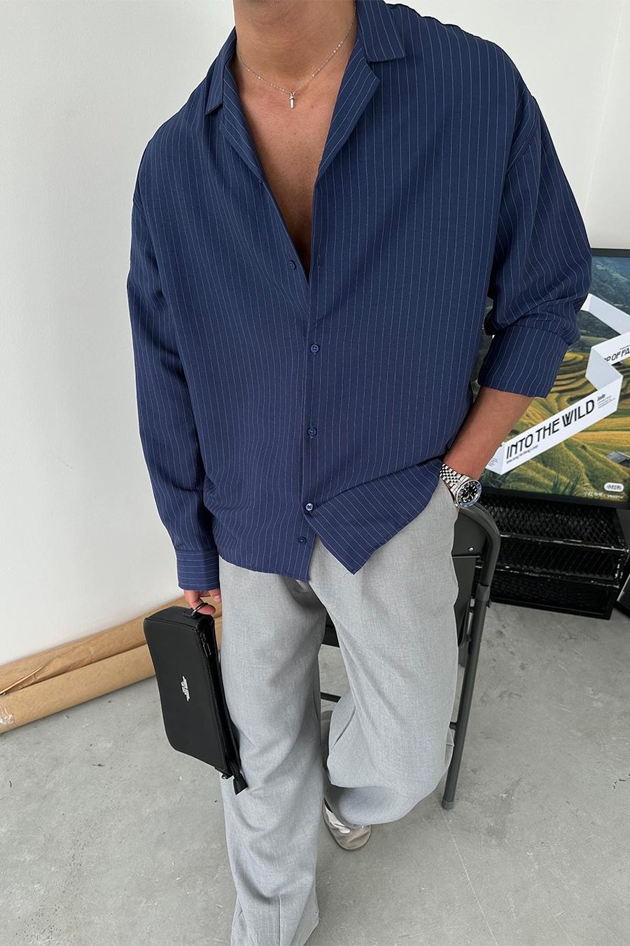 Lacivert Çizgili Basic Oversize Gömlek