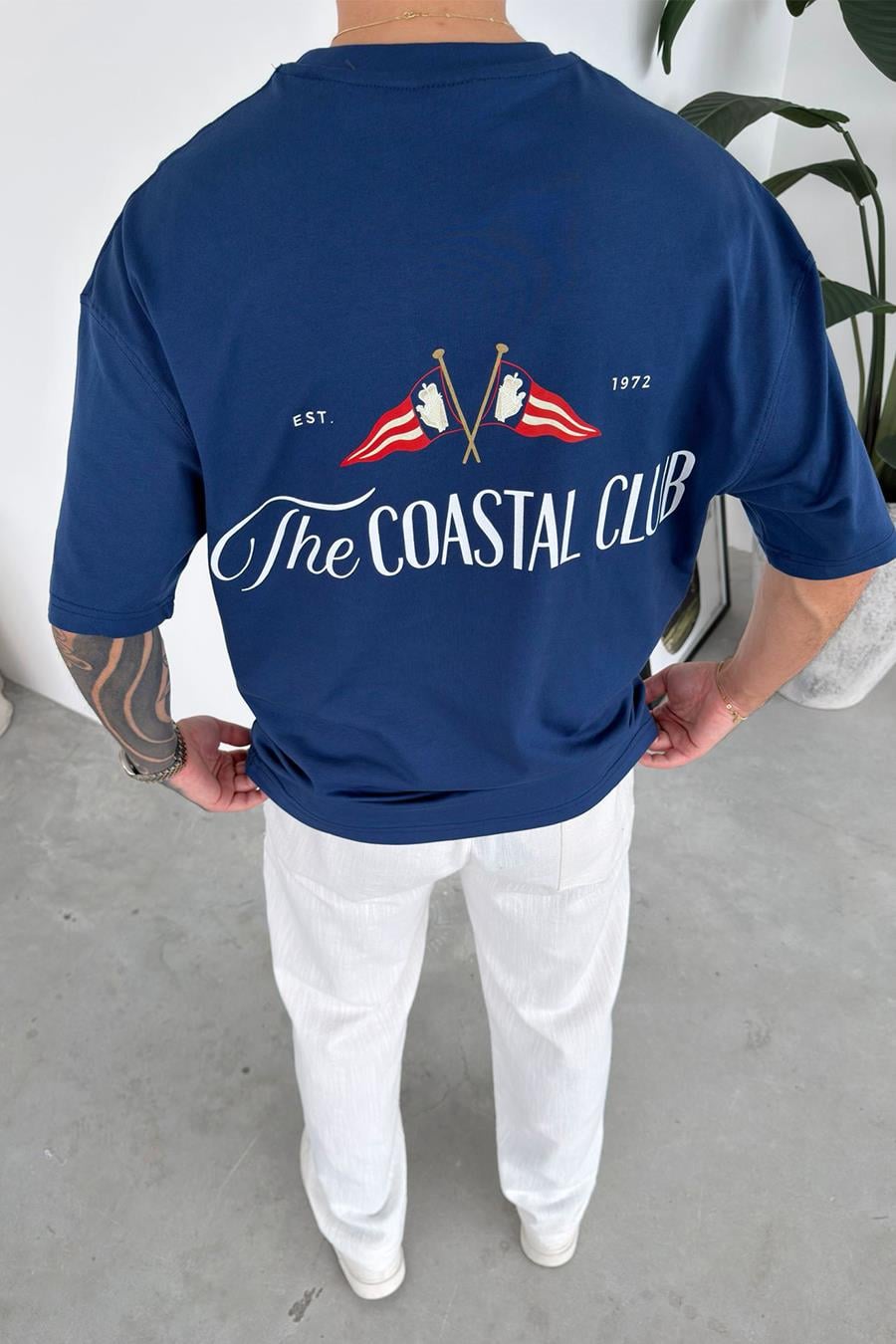 Lacivert Coastal Baskılı Oversize Tişört