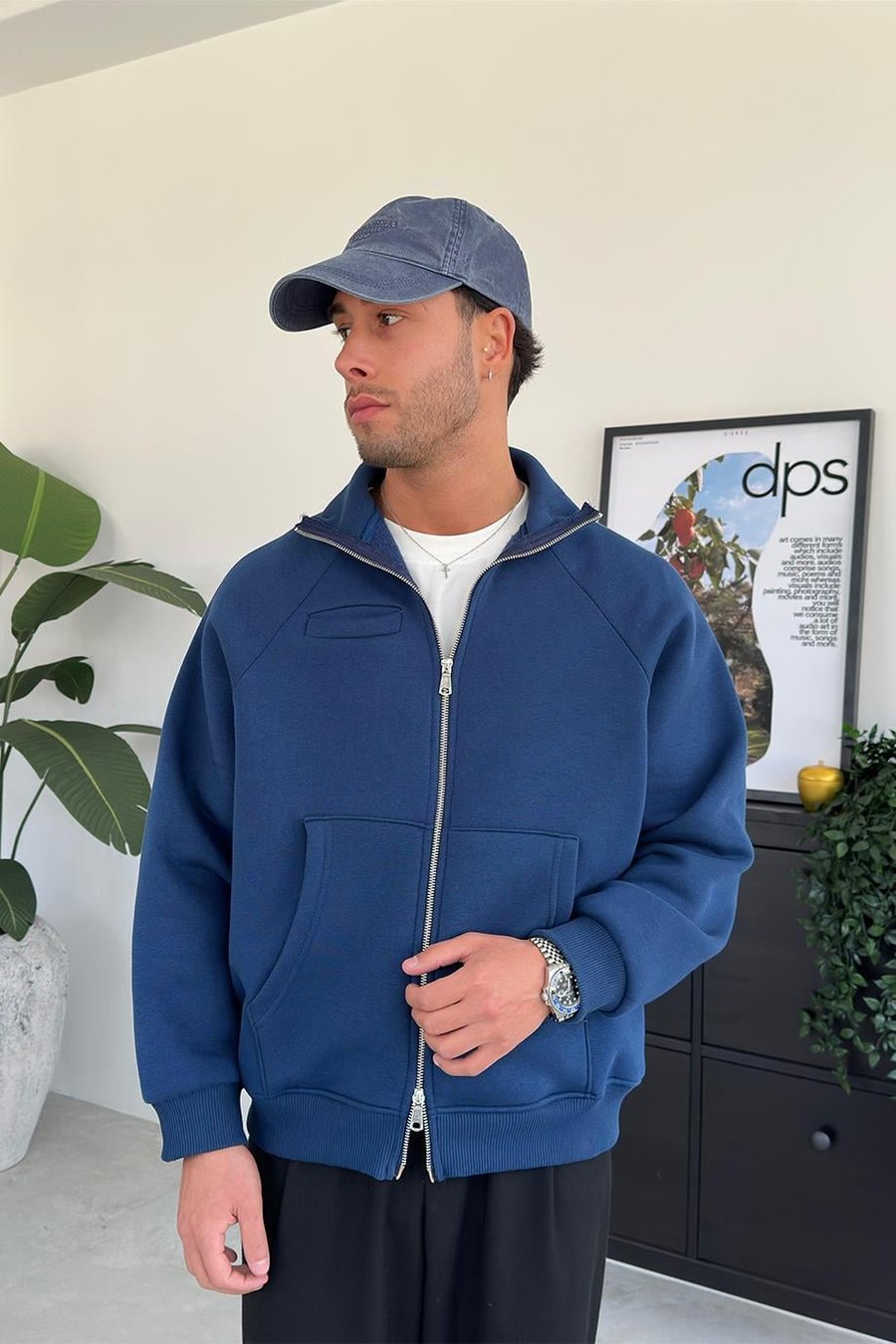 Lacivert Cozy Basic Çift Fermuar Oversize Sweatshirt