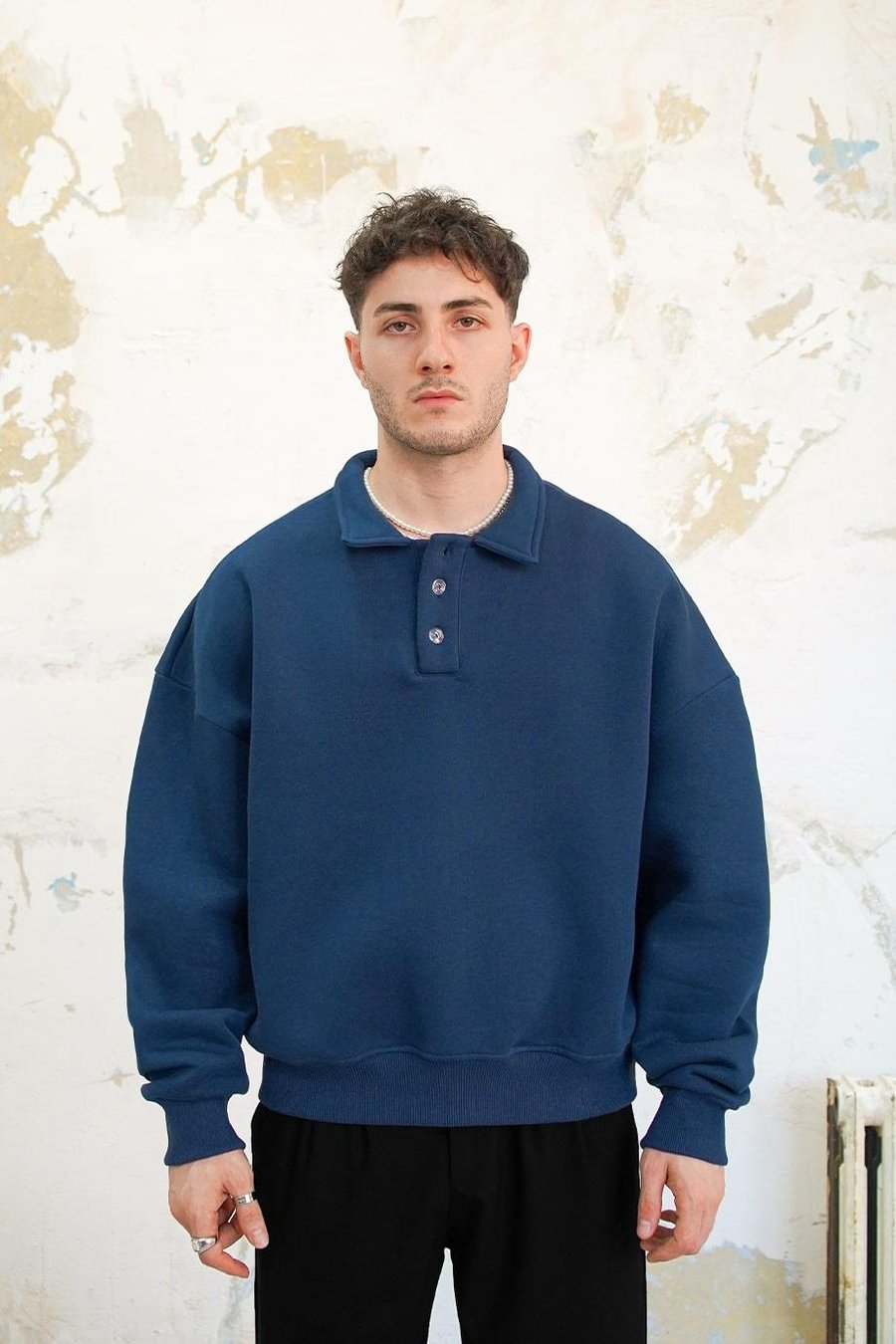 Lacivert Cozy Basic Oversize Polo Yaka Sweatshirt