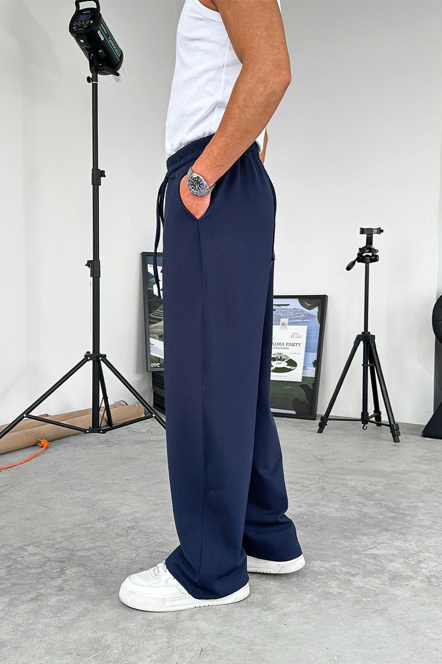 Lacivert Dokulu Basic Baggy Pantolon