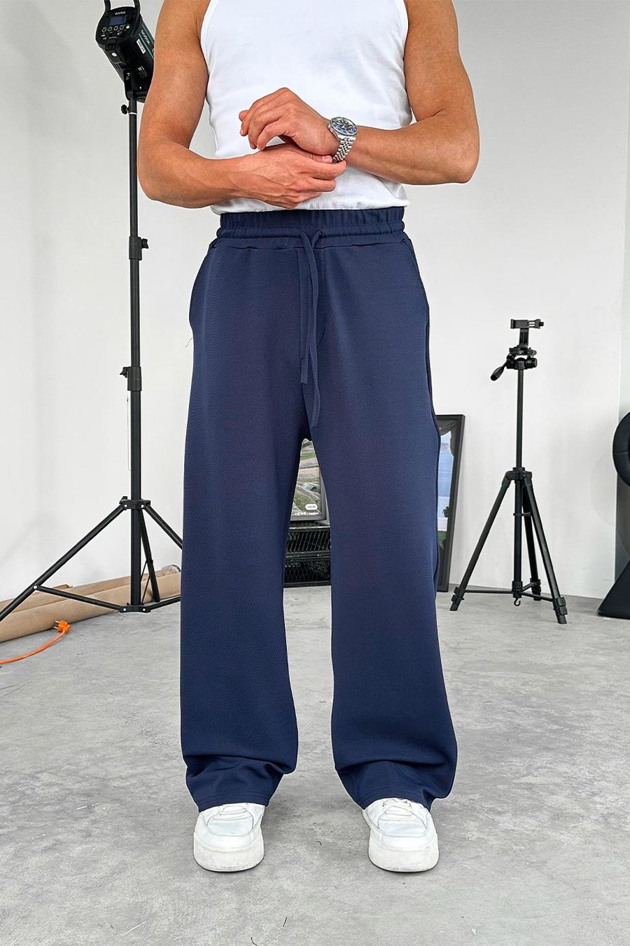 Lacivert Dokulu Basic Baggy Pantolon
