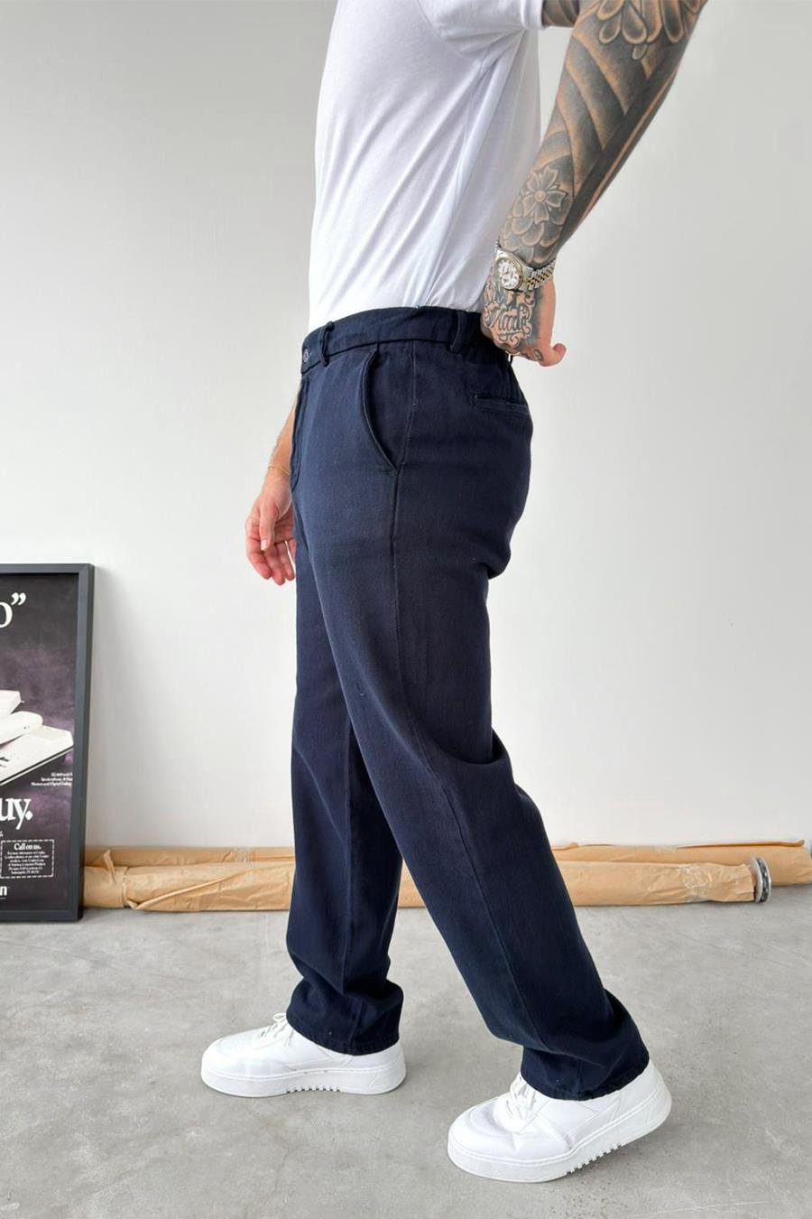 Lacivert Dokulu Basic Baggy Pantolon