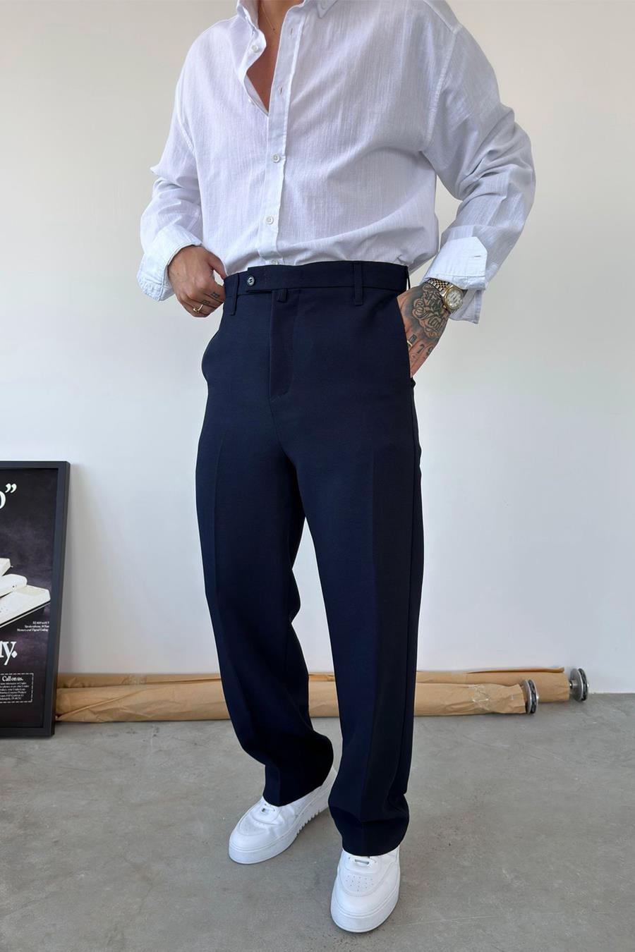 Lacivert Dokulu Basic Kumaş Pantolon