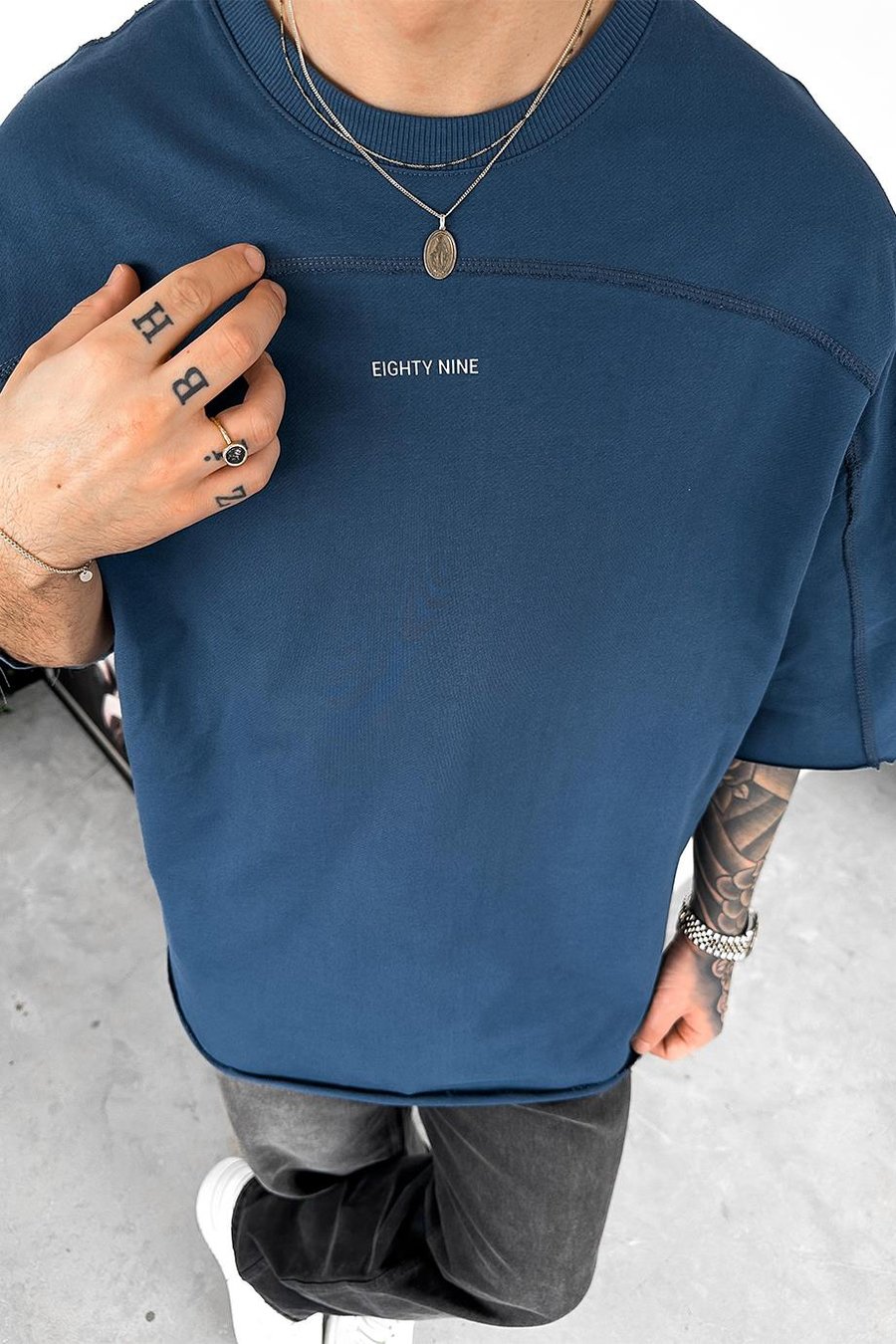 Lacivert Eighty Nine Dikiş Detay Oversize Tişört