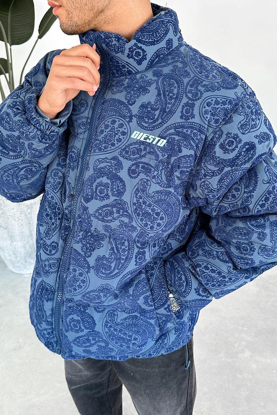 Lacivert Etnik Kabartma Detay Oversize Puffer Mont